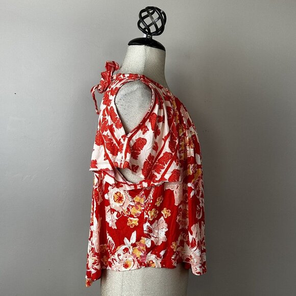 Free People Baja‎ Babe Red Floral Print Tie Back Cold Shoulder Tee Top Jersey XS - Picture 7 of 16